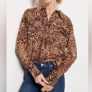 Good American Georgette Leopard Print Shirt Womens 3XL Brown Button Up Career